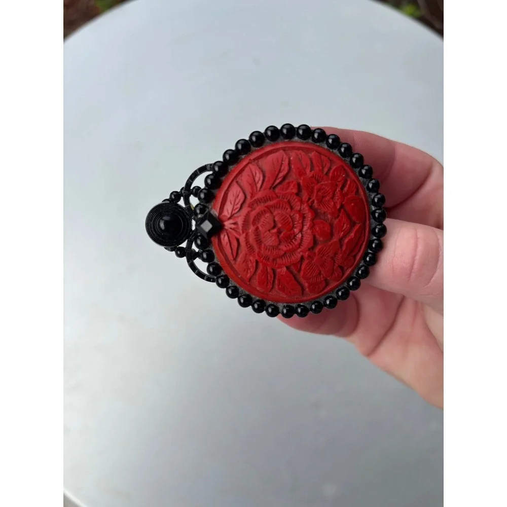 Vintage Red Carved Rose Cinnabar Style Brooch Black Beaded Floral Pin 2 Inch